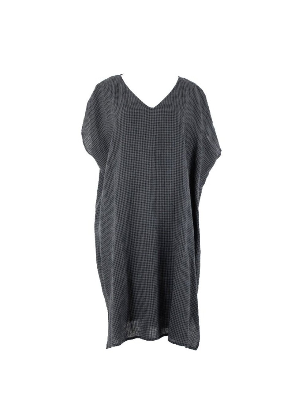 Eileen Fisher NEW $228 Sz M Black Gray Plaid V Neck 100% Organic Linen Dress